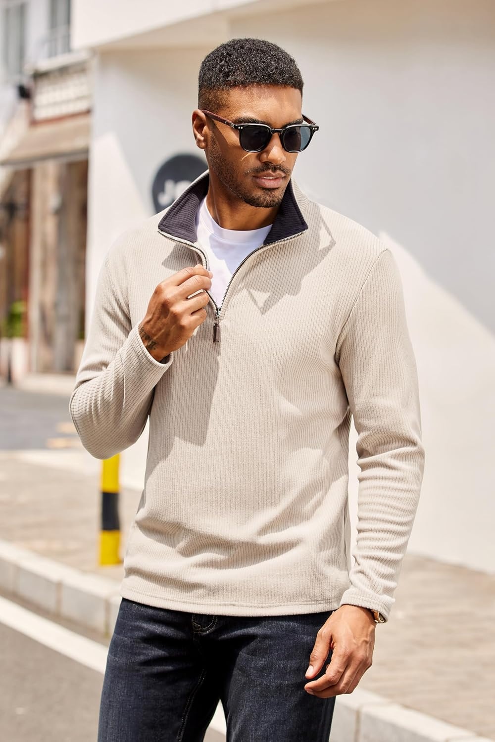 image:imageCOOFANDY Mens Quarter Zip Pullover Contrast Collar Corduroy Sweatshirt Contrast Collar Pullover Mock Neck Sweatshirt Soft Corduroy Pullover Relaxed Fit For Casual Work Travel And Daily WearBeige