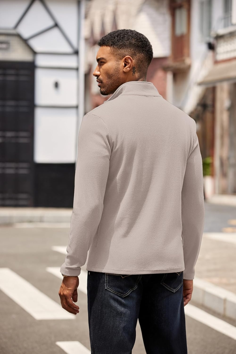 image:imageCOOFANDY Mens Quarter Zip Pullover Contrast Collar Corduroy Sweatshirt Contrast Collar Pullover Mock Neck Sweatshirt Soft Corduroy Pullover Relaxed Fit For Casual Work Travel And Daily WearMoon Gray