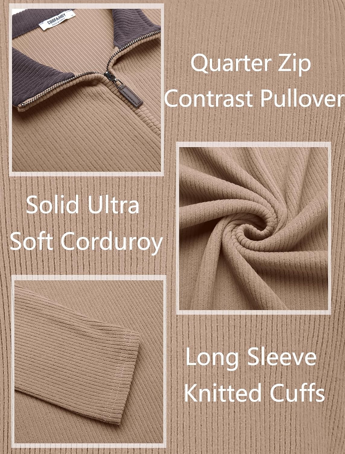 image:imageCOOFANDY Mens Quarter Zip Pullover Contrast Collar Corduroy Sweatshirt Contrast Collar Pullover Mock Neck Sweatshirt Soft Corduroy Pullover Relaxed Fit For Casual Work Travel And Daily WearKhaki