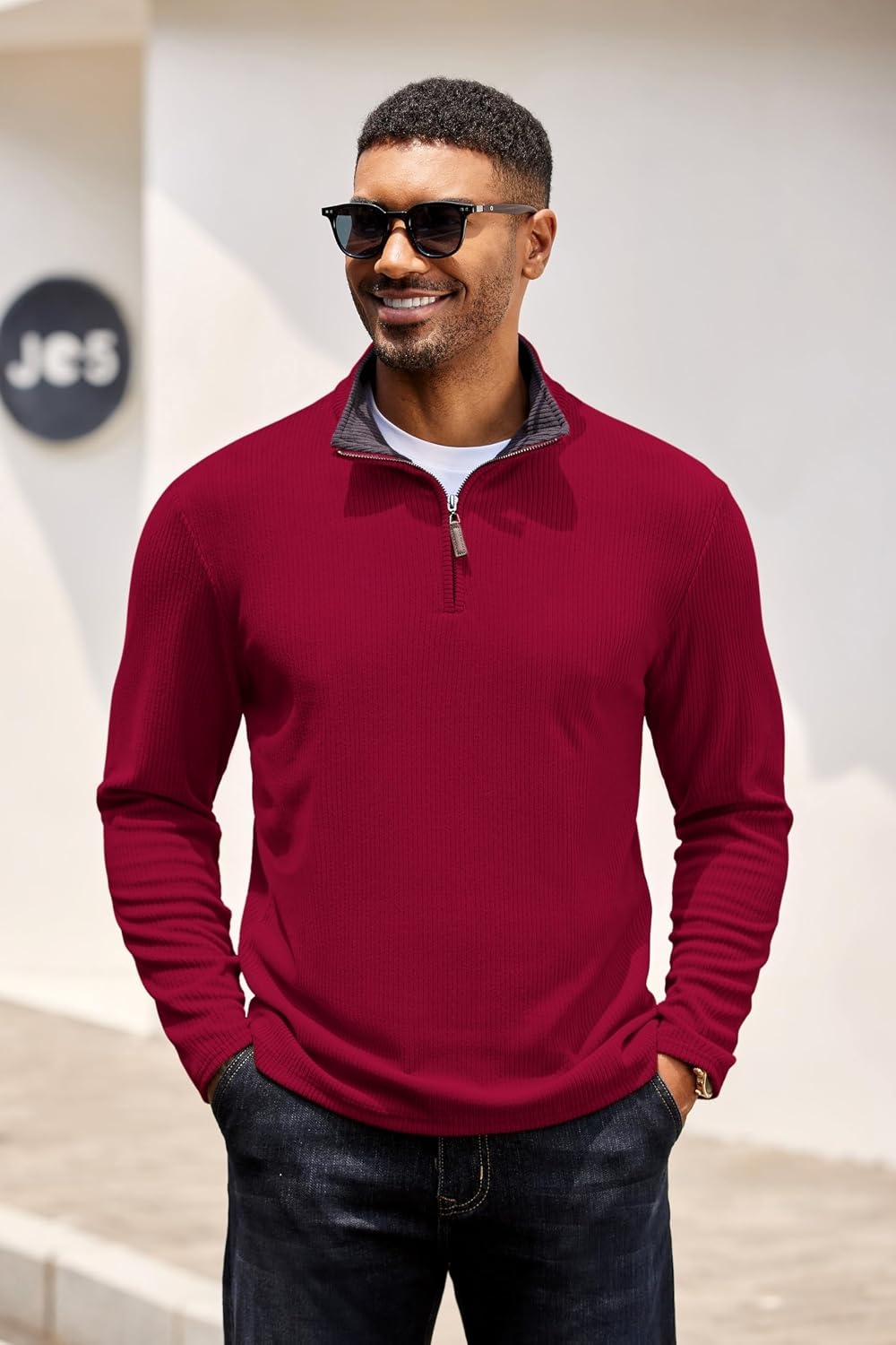 image:imageCOOFANDY Mens Quarter Zip Pullover Contrast Collar Corduroy Sweatshirt Contrast Collar Pullover Mock Neck Sweatshirt Soft Corduroy Pullover Relaxed Fit For Casual Work Travel And Daily WearRed