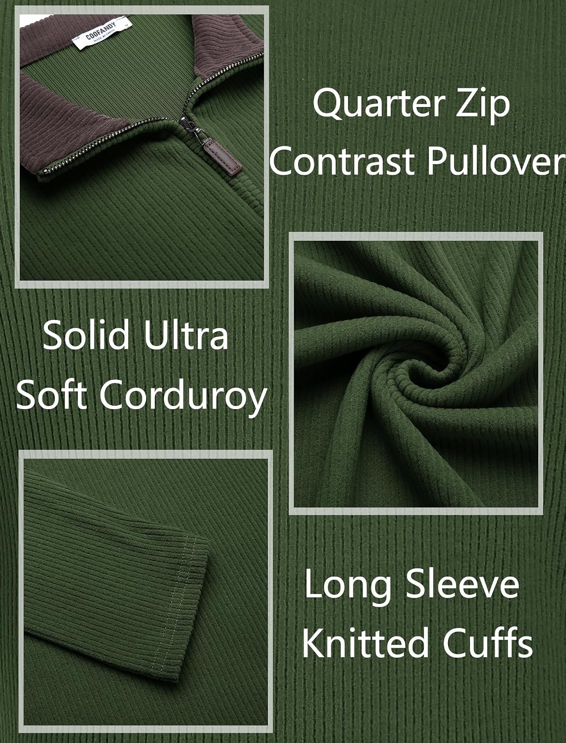 image:imageCOOFANDY Mens Quarter Zip Pullover Contrast Collar Corduroy Sweatshirt Contrast Collar Pullover Mock Neck Sweatshirt Soft Corduroy Pullover Relaxed Fit For Casual Work Travel And Daily WearArmy Green