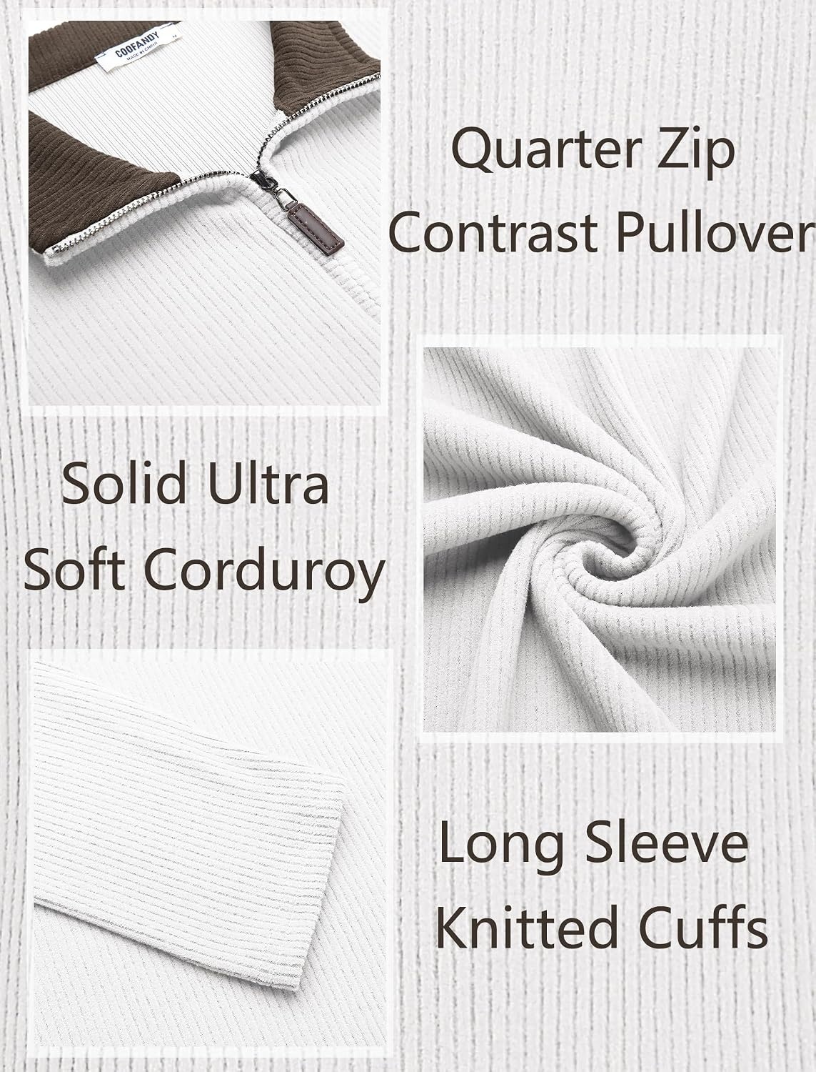 image:imageCOOFANDY Mens Quarter Zip Pullover Contrast Collar Corduroy Sweatshirt Contrast Collar Pullover Mock Neck Sweatshirt Soft Corduroy Pullover Relaxed Fit For Casual Work Travel And Daily WearWhite