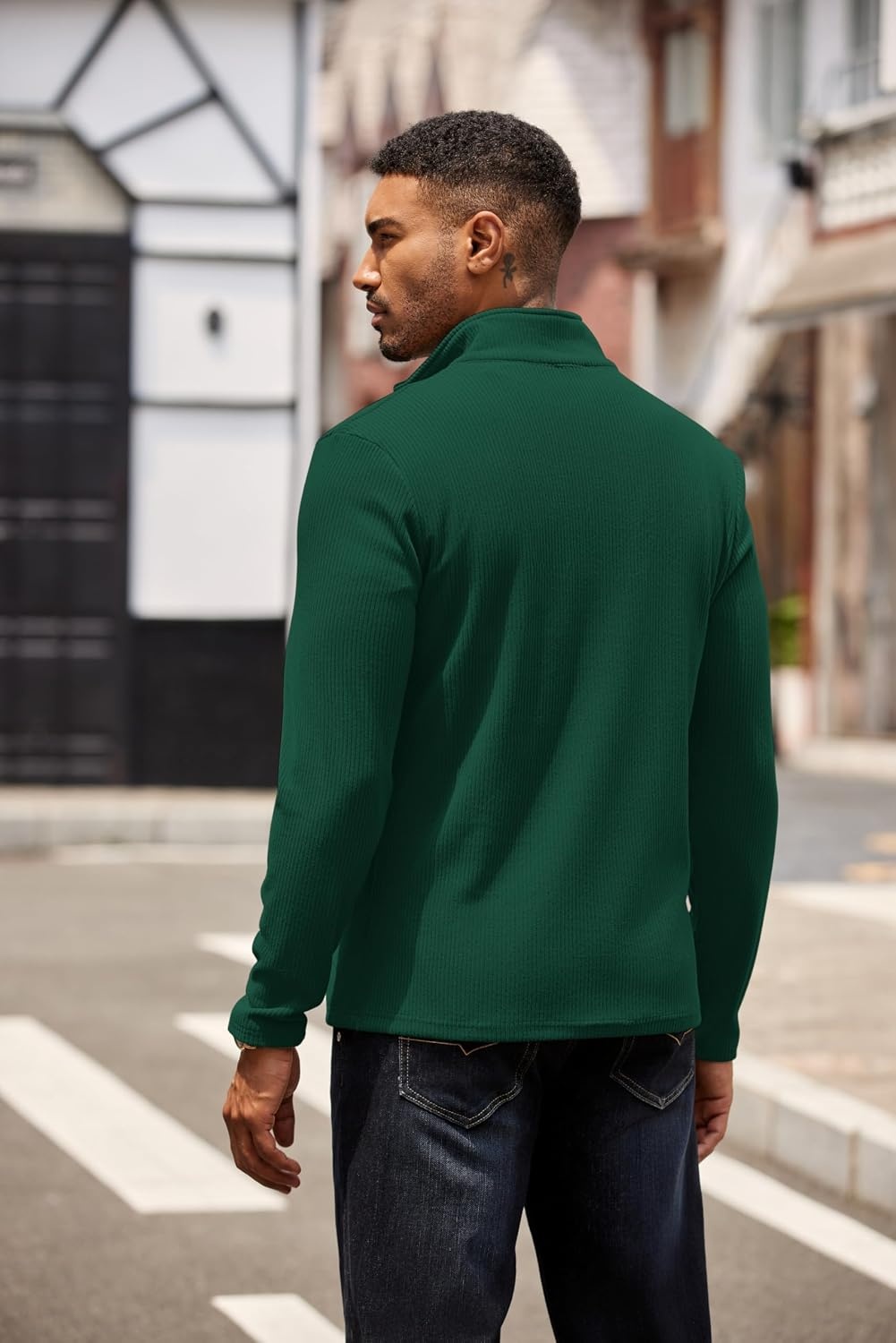 image:imageCOOFANDY Mens Quarter Zip Pullover Contrast Collar Corduroy Sweatshirt Contrast Collar Pullover Mock Neck Sweatshirt Soft Corduroy Pullover Relaxed Fit For Casual Work Travel And Daily WearEver Green
