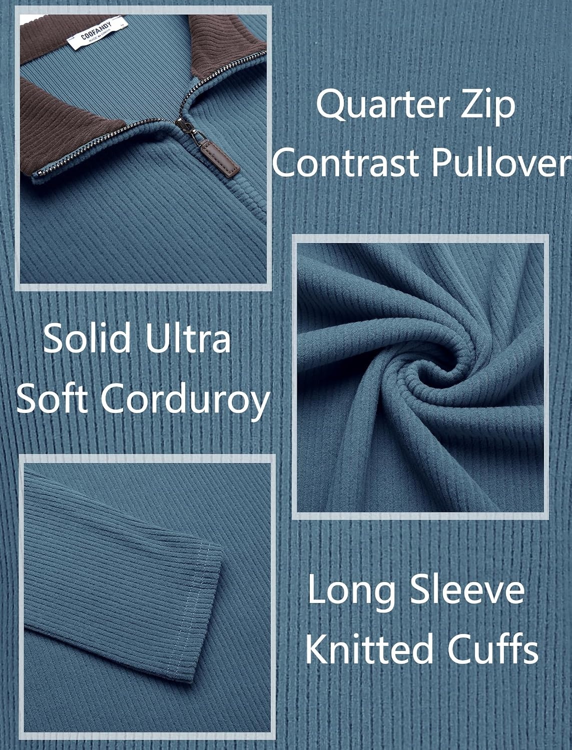 image:imageCOOFANDY Mens Quarter Zip Pullover Contrast Collar Corduroy Sweatshirt Contrast Collar Pullover Mock Neck Sweatshirt Soft Corduroy Pullover Relaxed Fit For Casual Work Travel And Daily WearDark Blue