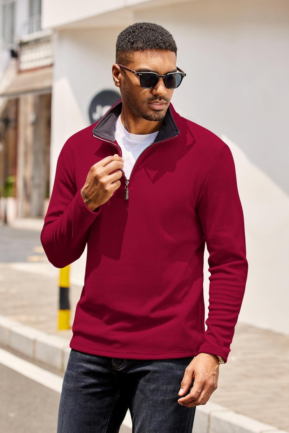 image:imageCOOFANDY Mens Quarter Zip Pullover Contrast Collar Corduroy Sweatshirt Contrast Collar Pullover Mock Neck Sweatshirt Soft Corduroy Pullover Relaxed Fit For Casual Work Travel And Daily WearRed