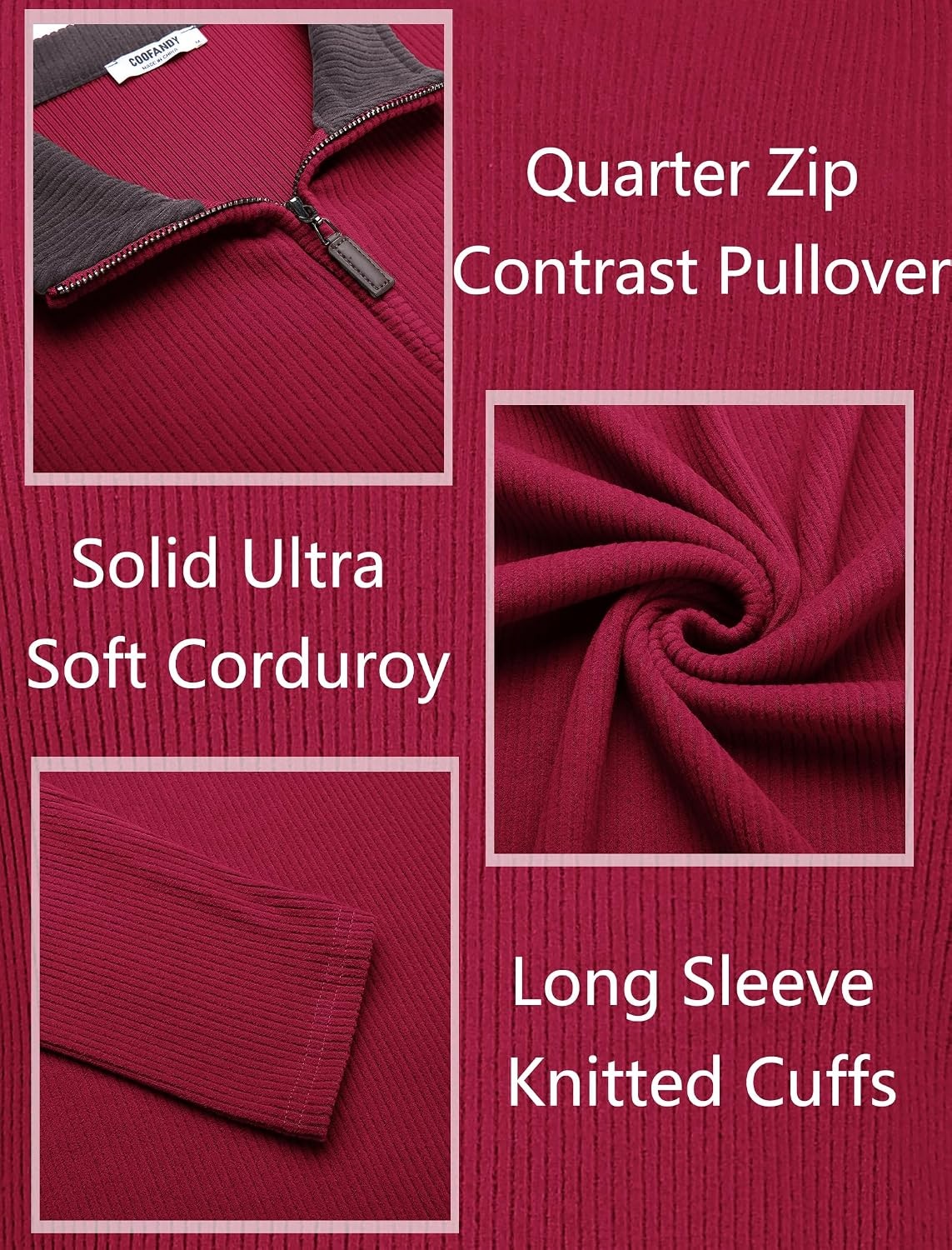 image:imageCOOFANDY Mens Quarter Zip Pullover Contrast Collar Corduroy Sweatshirt Contrast Collar Pullover Mock Neck Sweatshirt Soft Corduroy Pullover Relaxed Fit For Casual Work Travel And Daily WearRed