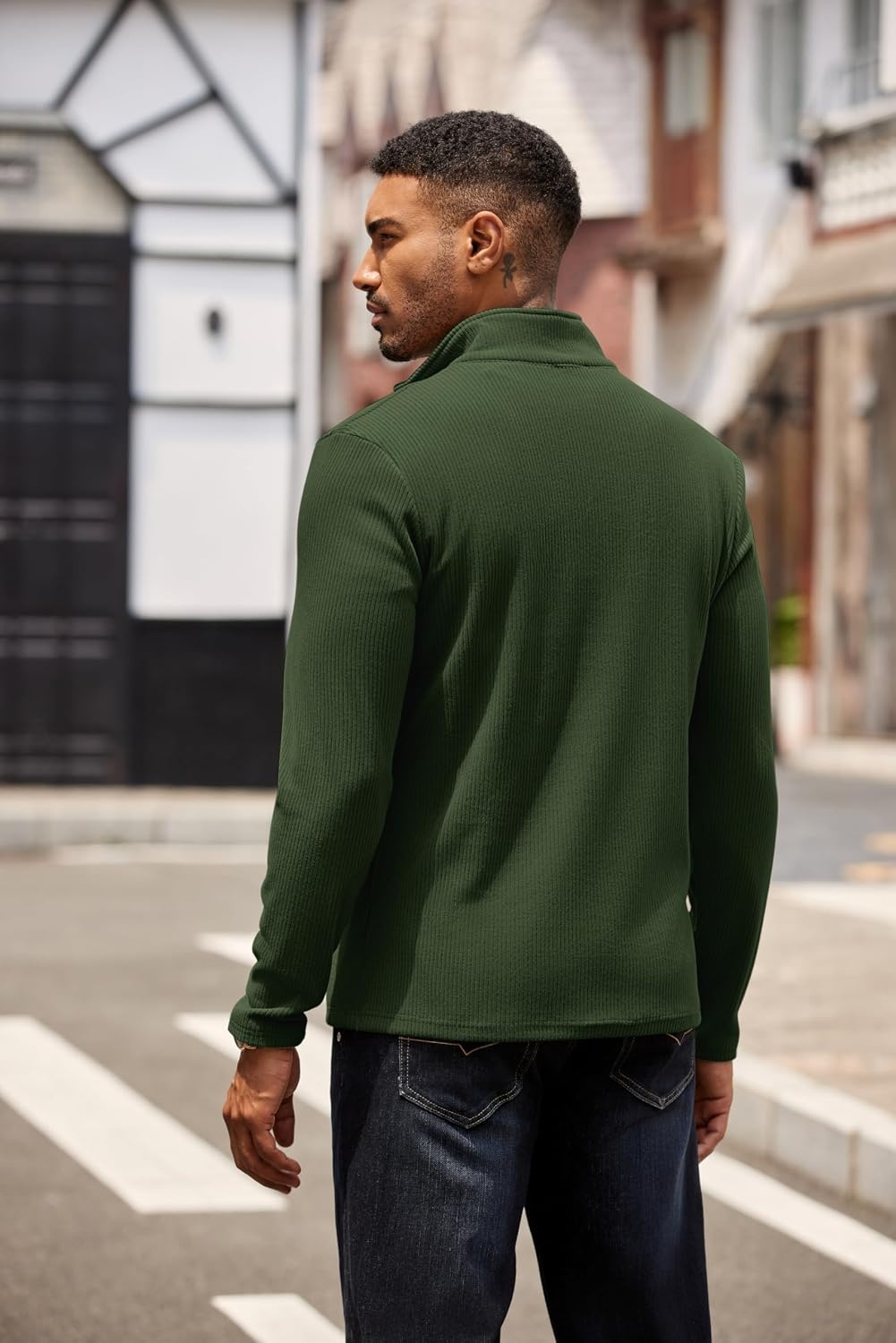image:imageCOOFANDY Mens Quarter Zip Pullover Contrast Collar Corduroy Sweatshirt Contrast Collar Pullover Mock Neck Sweatshirt Soft Corduroy Pullover Relaxed Fit For Casual Work Travel And Daily WearArmy Green
