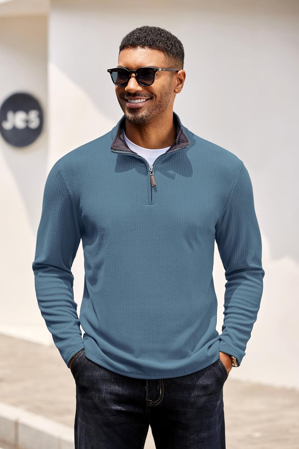 image:imageCOOFANDY Mens Quarter Zip Pullover Contrast Collar Corduroy Sweatshirt Contrast Collar Pullover Mock Neck Sweatshirt Soft Corduroy Pullover Relaxed Fit For Casual Work Travel And Daily WearDark Blue