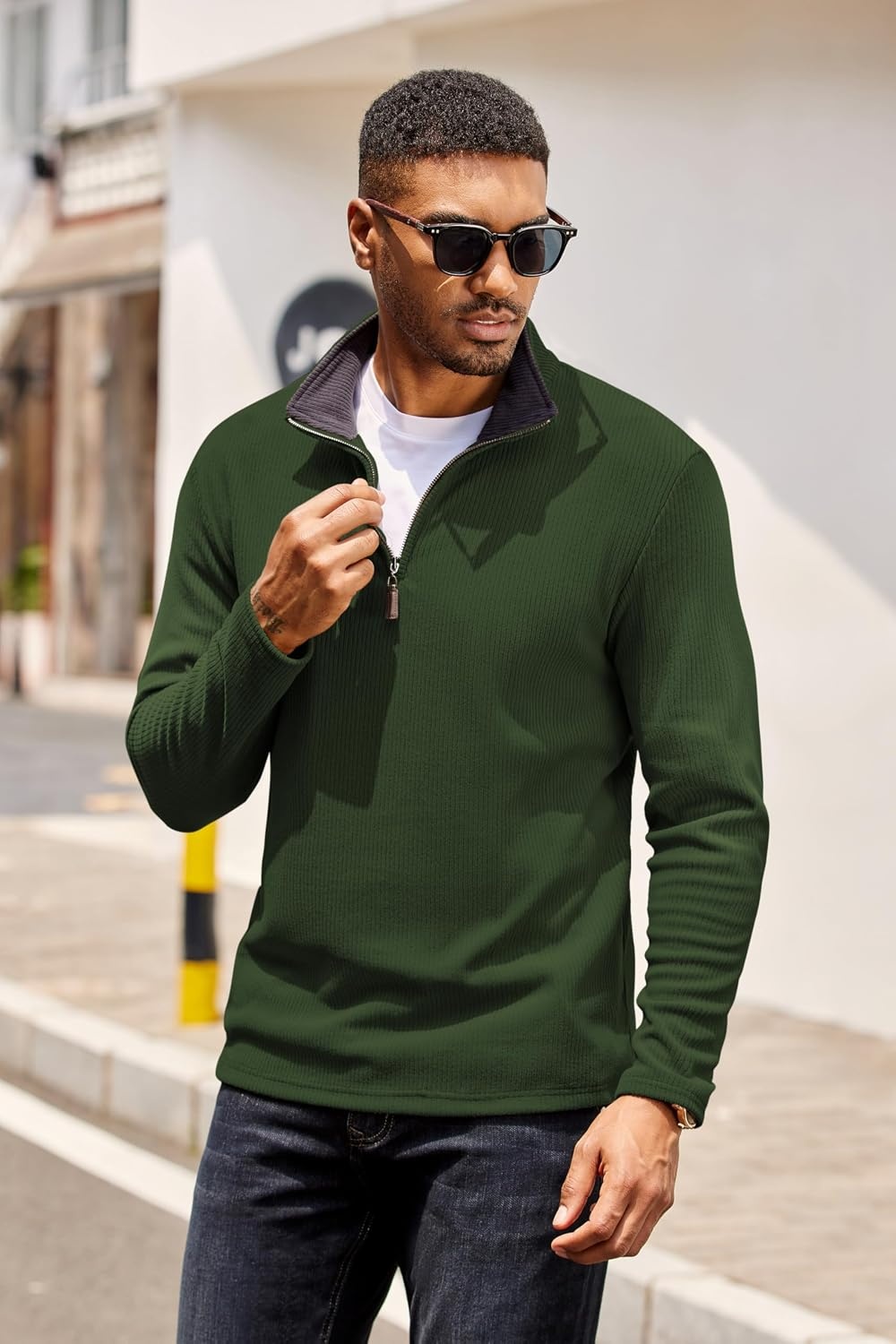 image:imageCOOFANDY Mens Quarter Zip Pullover Contrast Collar Corduroy Sweatshirt Contrast Collar Pullover Mock Neck Sweatshirt Soft Corduroy Pullover Relaxed Fit For Casual Work Travel And Daily WearArmy Green