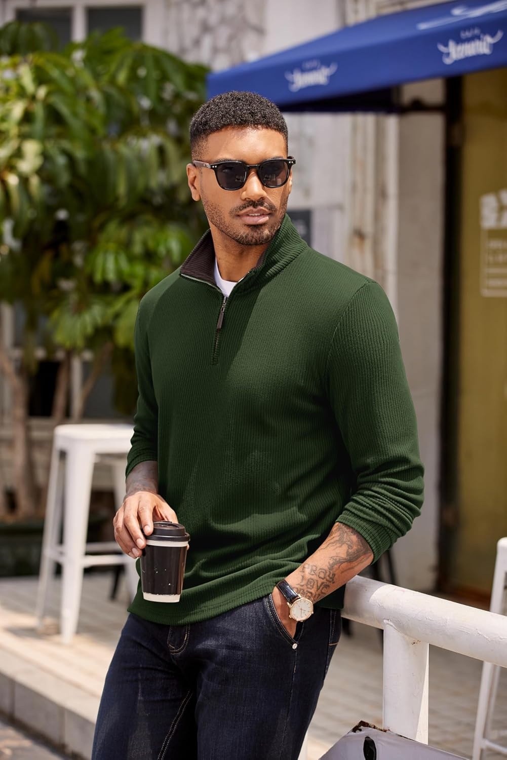 image:imageCOOFANDY Mens Quarter Zip Pullover Contrast Collar Corduroy Sweatshirt Contrast Collar Pullover Mock Neck Sweatshirt Soft Corduroy Pullover Relaxed Fit For Casual Work Travel And Daily WearArmy Green