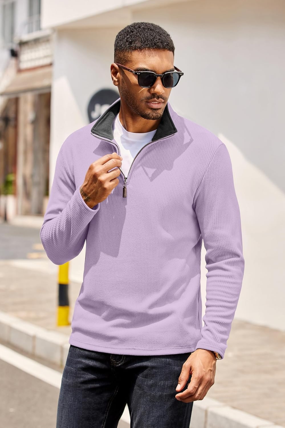 image:imageCOOFANDY Mens Quarter Zip Pullover Contrast Collar Corduroy Sweatshirt Contrast Collar Pullover Mock Neck Sweatshirt Soft Corduroy Pullover Relaxed Fit For Casual Work Travel And Daily WearPurple