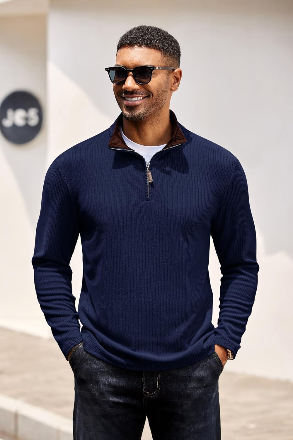 image:imageCOOFANDY Mens Quarter Zip Pullover Contrast Collar Corduroy Sweatshirt Contrast Collar Pullover Mock Neck Sweatshirt Soft Corduroy Pullover Relaxed Fit For Casual Work Travel And Daily WearNavy Blue Brown