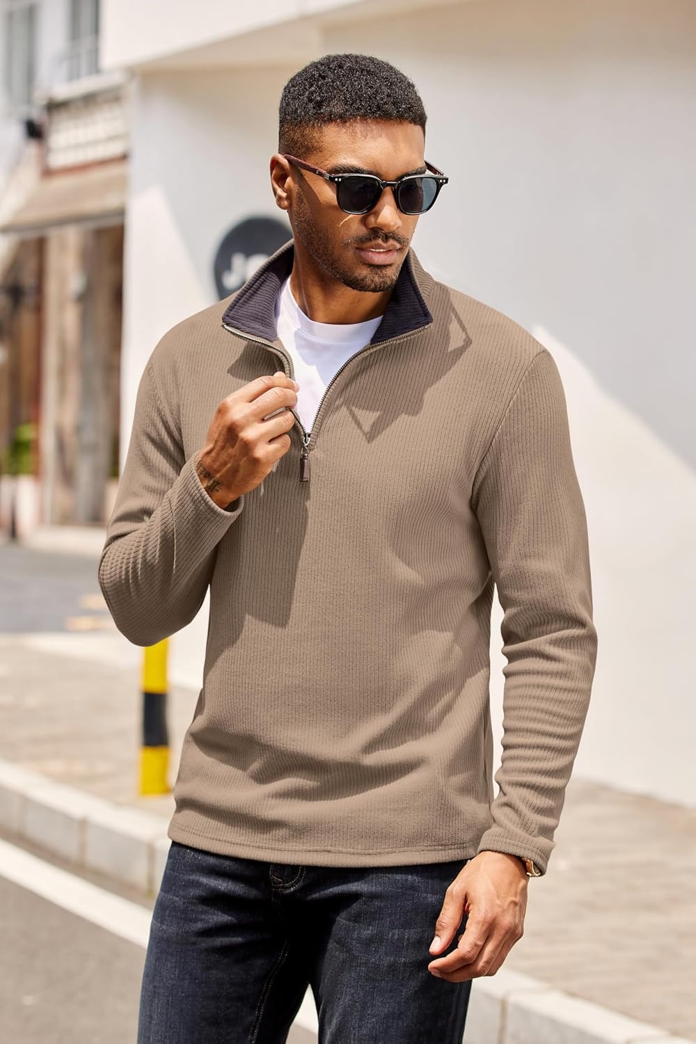 image:imageCOOFANDY Mens Quarter Zip Pullover Contrast Collar Corduroy Sweatshirt Contrast Collar Pullover Mock Neck Sweatshirt Soft Corduroy Pullover Relaxed Fit For Casual Work Travel And Daily WearKhaki
