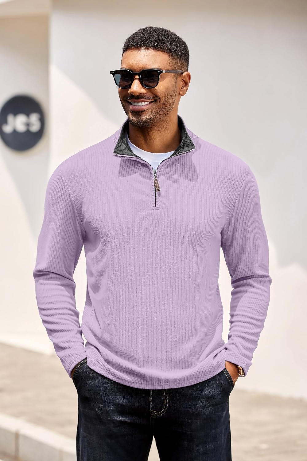 image:imageCOOFANDY Mens Quarter Zip Pullover Contrast Collar Corduroy Sweatshirt Contrast Collar Pullover Mock Neck Sweatshirt Soft Corduroy Pullover Relaxed Fit For Casual Work Travel And Daily WearPurple