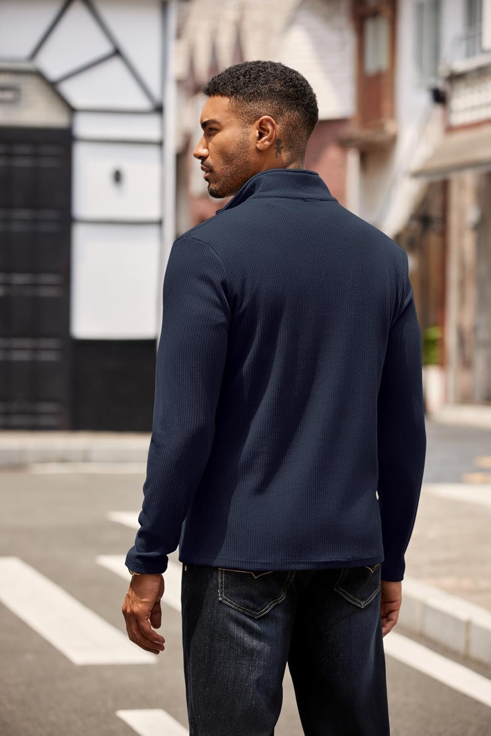 image:imageCOOFANDY Mens Quarter Zip Pullover Contrast Collar Corduroy Sweatshirt Contrast Collar Pullover Mock Neck Sweatshirt Soft Corduroy Pullover Relaxed Fit For Casual Work Travel And Daily WearNavy Blue