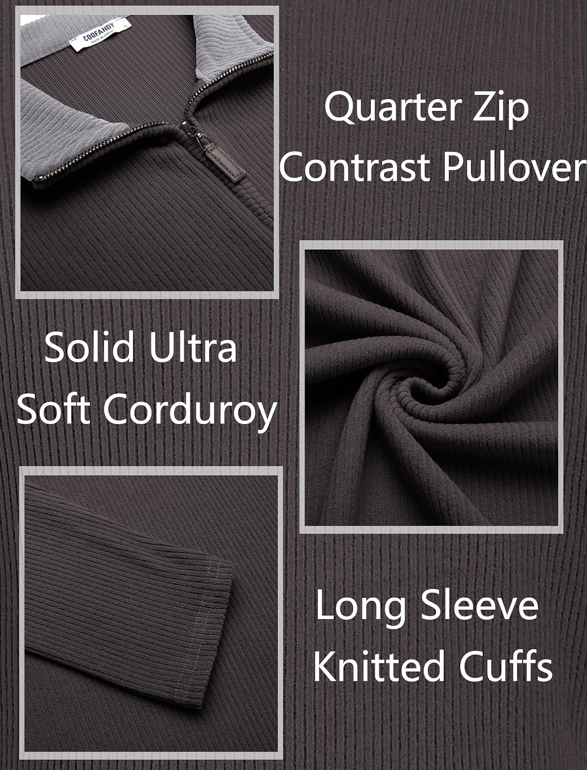 image:imageCOOFANDY Mens Quarter Zip Pullover Contrast Collar Corduroy Sweatshirt Contrast Collar Pullover Mock Neck Sweatshirt Soft Corduroy Pullover Relaxed Fit For Casual Work Travel And Daily WearDark Grey