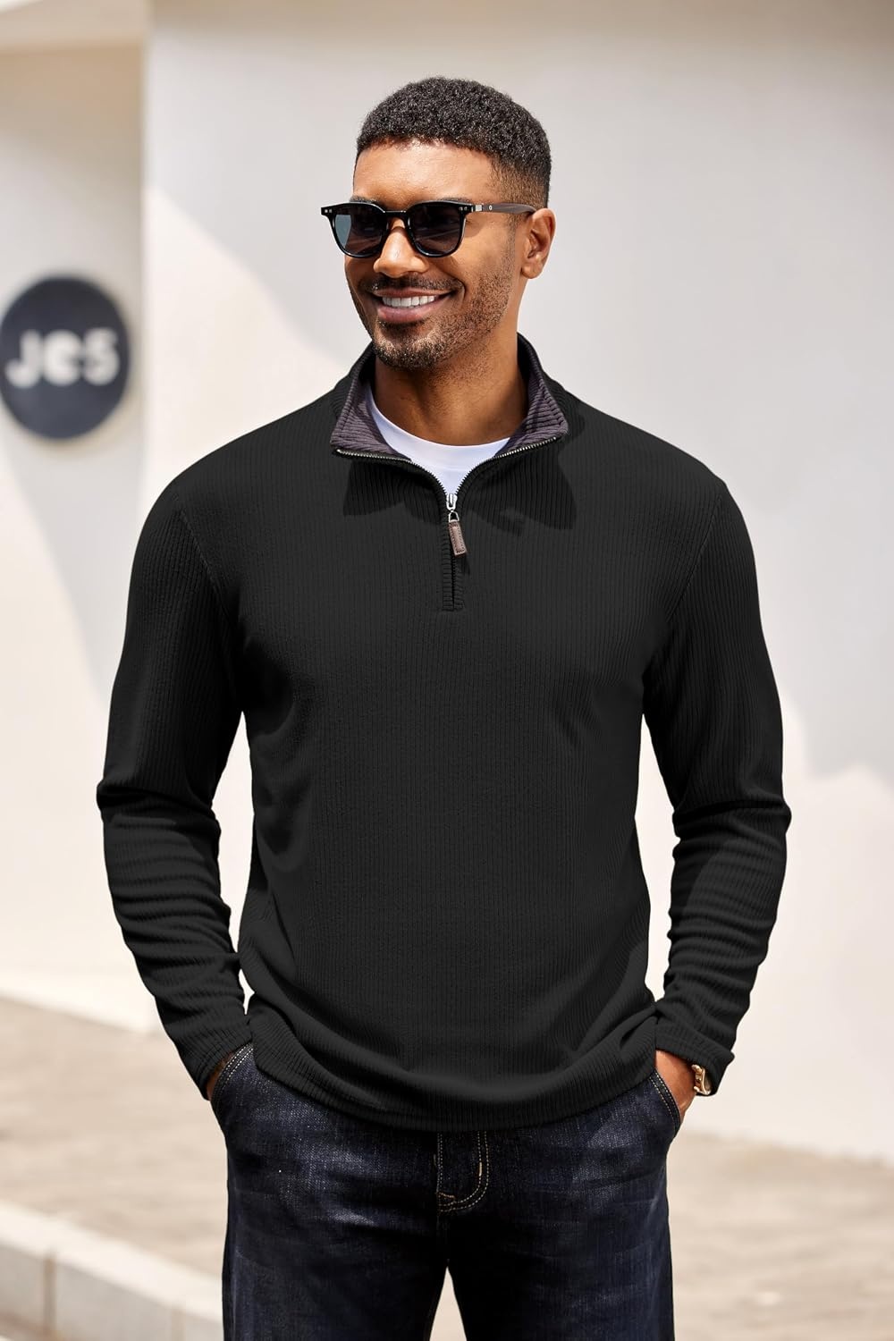image:imageCOOFANDY Mens Quarter Zip Pullover Contrast Collar Corduroy Sweatshirt Contrast Collar Pullover Mock Neck Sweatshirt Soft Corduroy Pullover Relaxed Fit For Casual Work Travel And Daily WearBlack