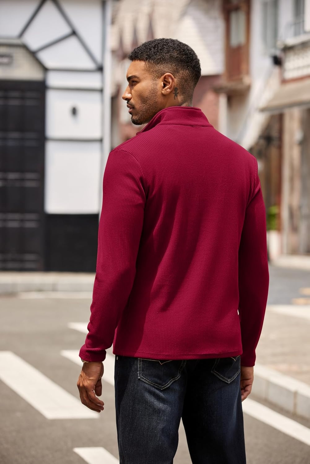 image:imageCOOFANDY Mens Quarter Zip Pullover Contrast Collar Corduroy Sweatshirt Contrast Collar Pullover Mock Neck Sweatshirt Soft Corduroy Pullover Relaxed Fit For Casual Work Travel And Daily WearRed