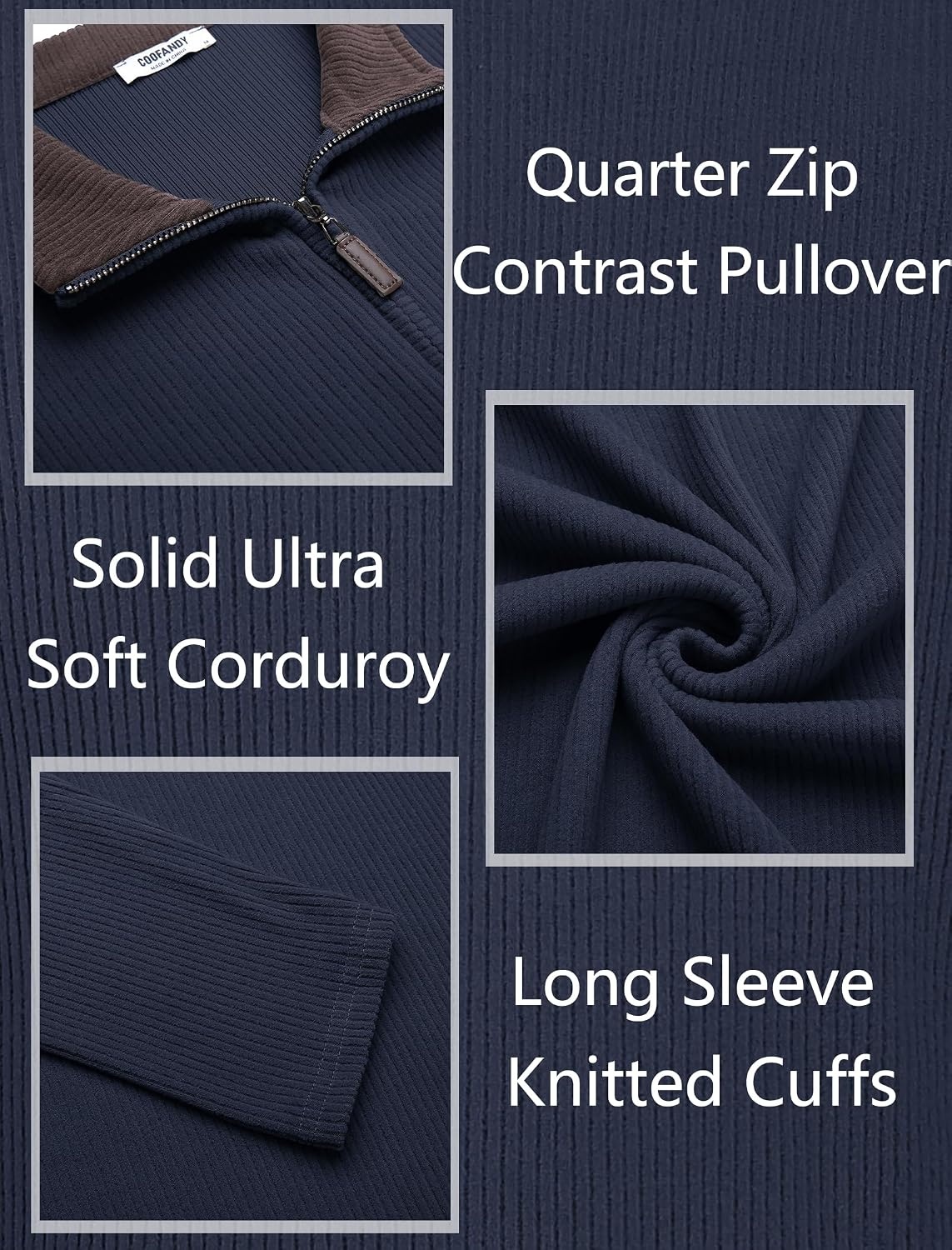 image:imageCOOFANDY Mens Quarter Zip Pullover Contrast Collar Corduroy Sweatshirt Contrast Collar Pullover Mock Neck Sweatshirt Soft Corduroy Pullover Relaxed Fit For Casual Work Travel And Daily WearNavy Blue