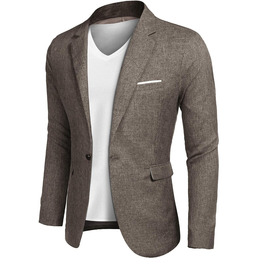 image:imageCOOFANDY Mens Blazer Casual Sport Coats Slim Fit Lightweight Sports Jacket  One Button Suit JacketLinen BlazerPlaid Blazer Shoulder PadsKhaki
