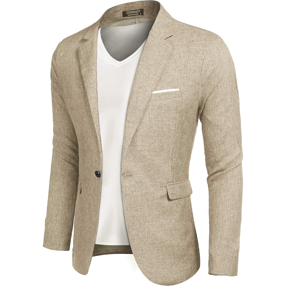 image:imageCOOFANDY Mens Blazer Casual Sport Coats Slim Fit Lightweight Sports Jacket  One Button Suit JacketLinen BlazerPlaid Blazer Shoulder PadsLight Khaki
