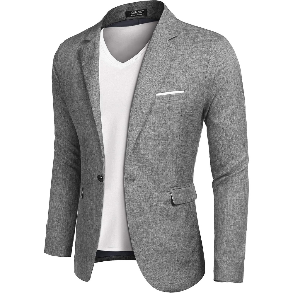 image:imageCOOFANDY Mens Blazer Casual Sport Coats Slim Fit Lightweight Sports Jacket  One Button Suit JacketLinen BlazerPlaid Blazer Shoulder PadsLinen Gray