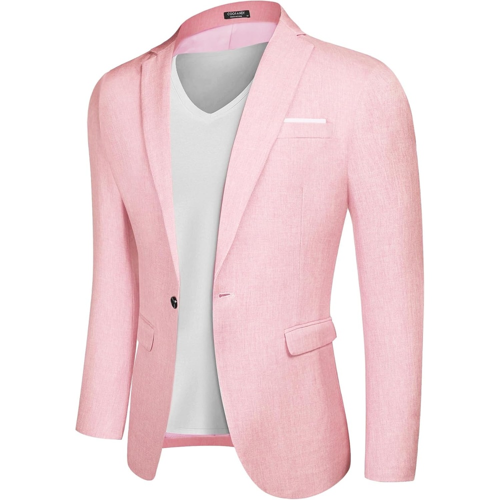 image:imageCOOFANDY Mens Blazer Casual Sport Coats Slim Fit Lightweight Sports Jacket One Button Suit JacketLinen BlazerPlaid Blazer Shoulder PadsPink