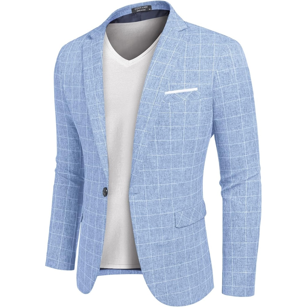 image:imageCOOFANDY Mens Blazer Casual Sport Coats Slim Fit Lightweight Sports Jacket One Button Suit JacketLinen BlazerPlaid Blazer Shoulder PadsPlaid Blazer Sky Blue