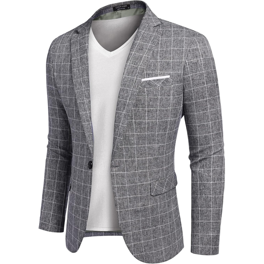 image:imageCOOFANDY Mens Blazer Casual Sport Coats Slim Fit Lightweight Sports Jacket One Button Suit JacketLinen BlazerPlaid Blazer Shoulder PadsPlaid Blazer Dark Gray