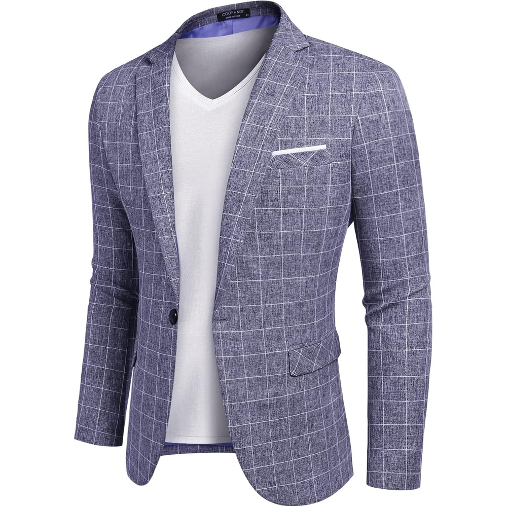 image:imageCOOFANDY Mens Blazer Casual Sport Coats Slim Fit Lightweight Sports Jacket One Button Suit JacketLinen BlazerPlaid Blazer Shoulder PadsPlaid Blazer Blue