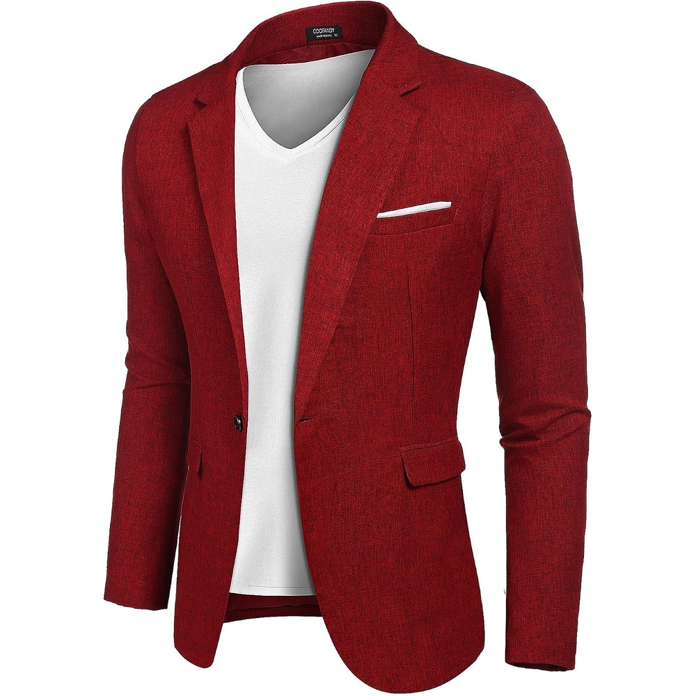 image:imageCOOFANDY Mens Blazer Casual Sport Coats Slim Fit Lightweight Sports Jacket One Button Suit JacketLinen BlazerPlaid Blazer Shoulder PadsWine Red