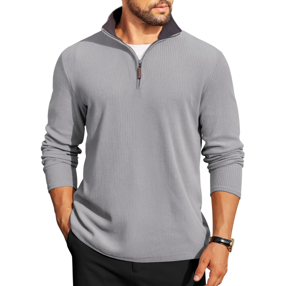 image:imageCOOFANDY Mens Quarter Zip Pullover Contrast Collar Corduroy Sweatshirt Contrast Collar Pullover Mock Neck Sweatshirt Soft Corduroy Pullover Relaxed Fit For Casual Work Travel And Daily WearGray
