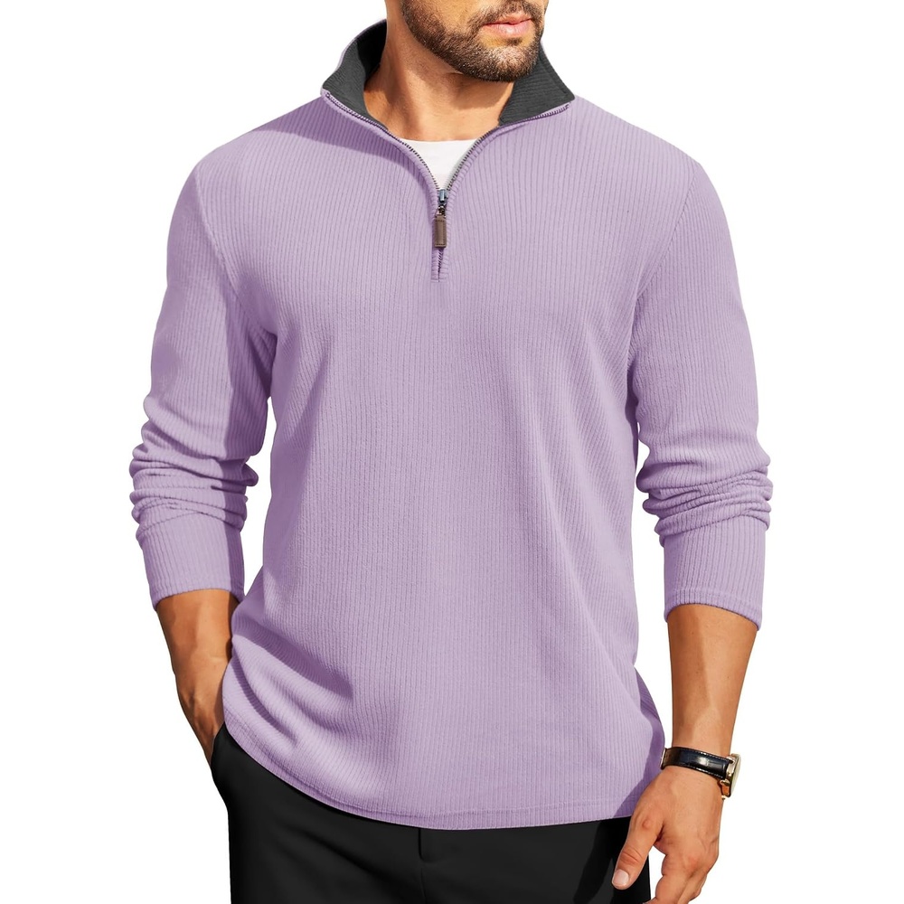 image:imageCOOFANDY Mens Quarter Zip Pullover Contrast Collar Corduroy Sweatshirt Contrast Collar Pullover Mock Neck Sweatshirt Soft Corduroy Pullover Relaxed Fit For Casual Work Travel And Daily WearPurple