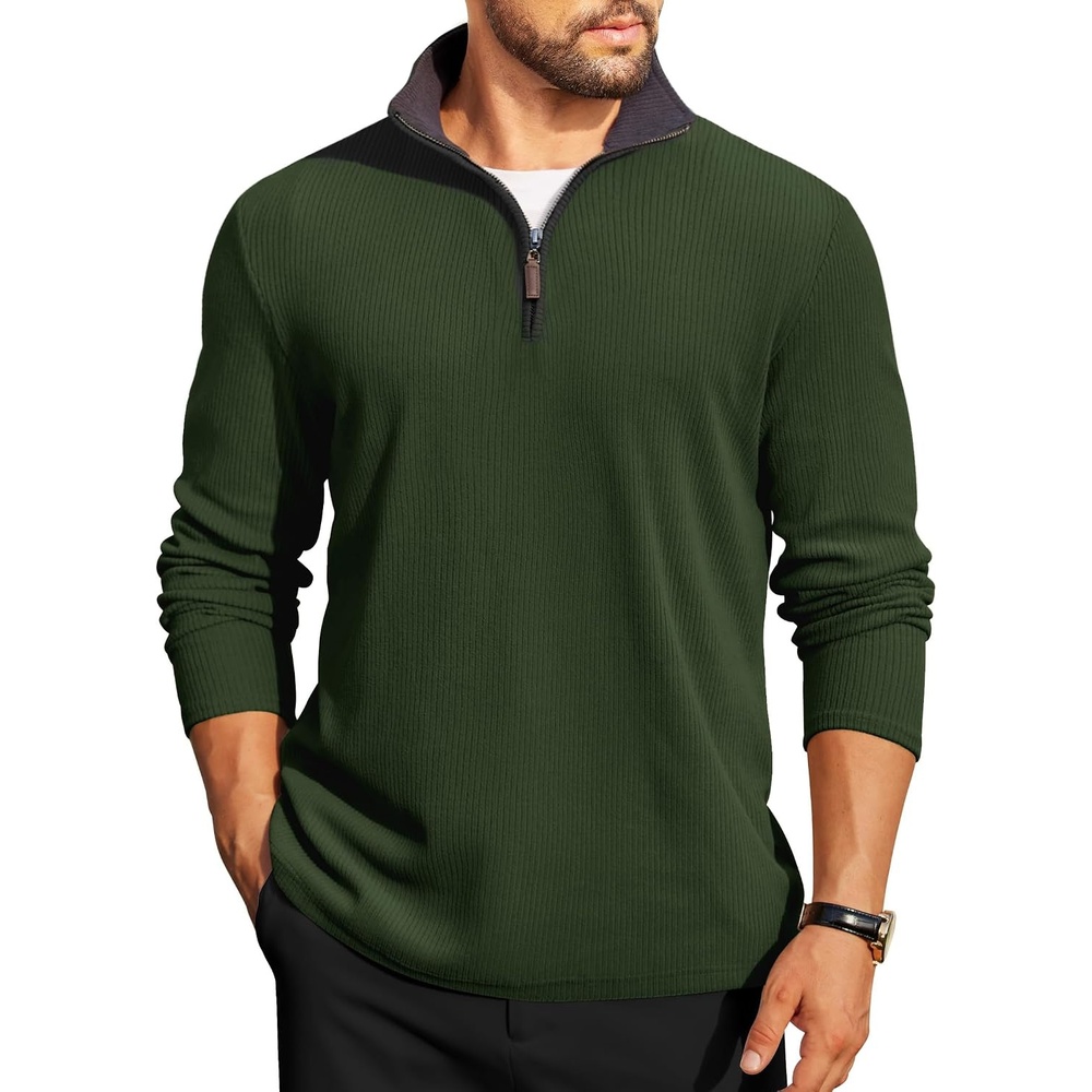 image:imageCOOFANDY Mens Quarter Zip Pullover Contrast Collar Corduroy Sweatshirt Contrast Collar Pullover Mock Neck Sweatshirt Soft Corduroy Pullover Relaxed Fit For Casual Work Travel And Daily WearArmy Green