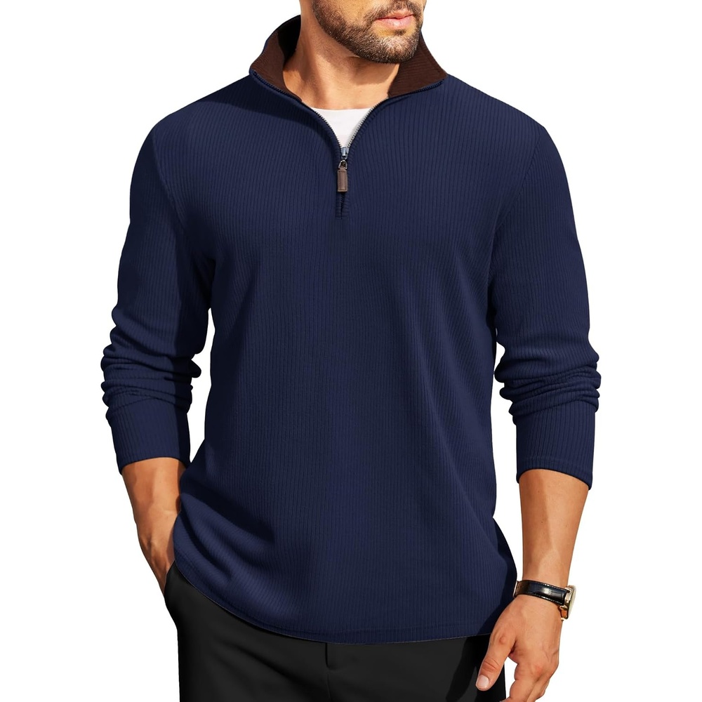 image:imageCOOFANDY Mens Quarter Zip Pullover Contrast Collar Corduroy Sweatshirt Contrast Collar Pullover Mock Neck Sweatshirt Soft Corduroy Pullover Relaxed Fit For Casual Work Travel And Daily WearNavy Blue Brown