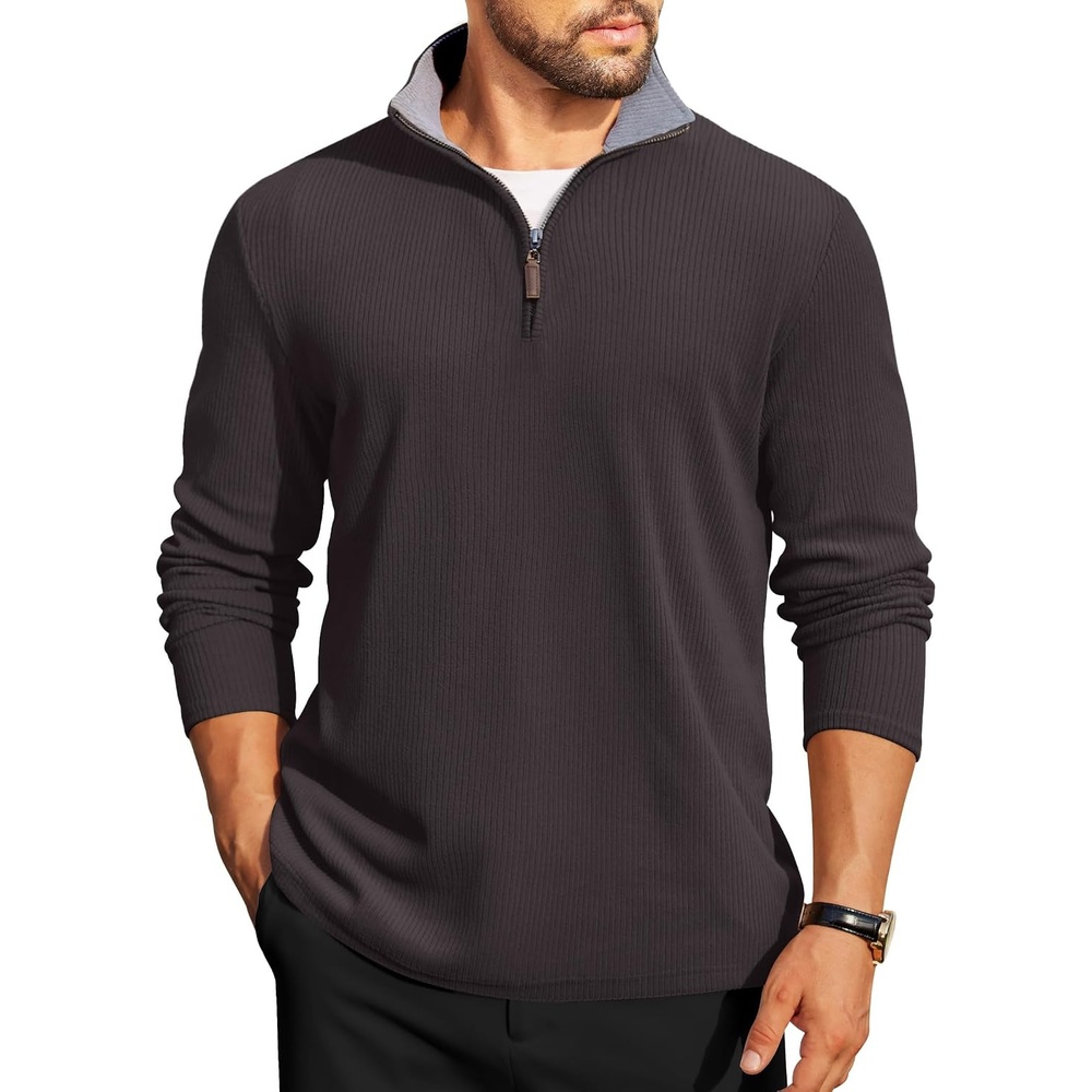 image:imageCOOFANDY Mens Quarter Zip Pullover Contrast Collar Corduroy Sweatshirt Contrast Collar Pullover Mock Neck Sweatshirt Soft Corduroy Pullover Relaxed Fit For Casual Work Travel And Daily WearDark Grey