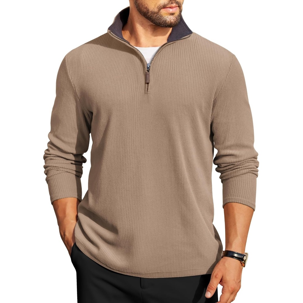 image:imageCOOFANDY Mens Quarter Zip Pullover Contrast Collar Corduroy Sweatshirt Contrast Collar Pullover Mock Neck Sweatshirt Soft Corduroy Pullover Relaxed Fit For Casual Work Travel And Daily WearKhaki