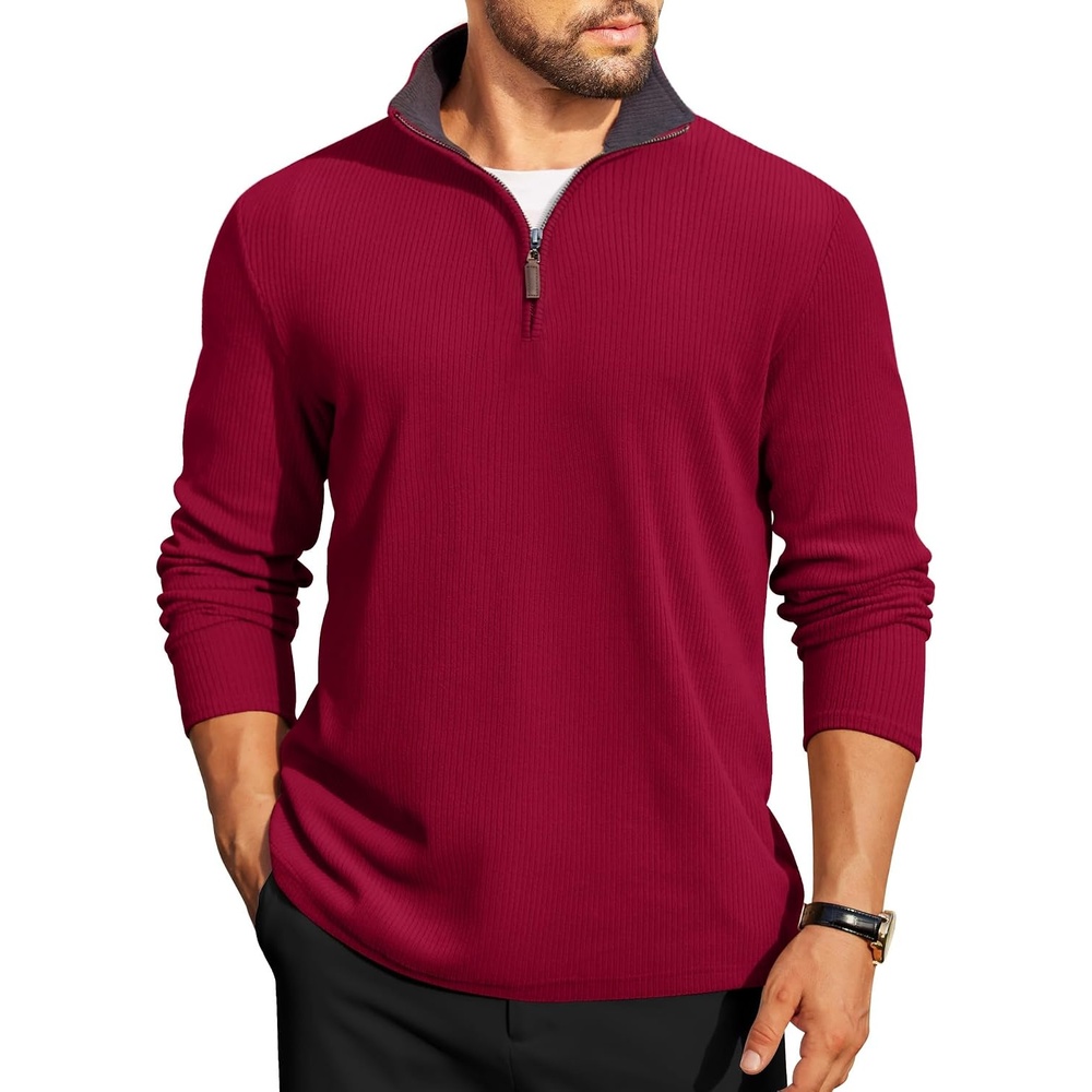 image:imageCOOFANDY Mens Quarter Zip Pullover Contrast Collar Corduroy Sweatshirt Contrast Collar Pullover Mock Neck Sweatshirt Soft Corduroy Pullover Relaxed Fit For Casual Work Travel And Daily WearRed