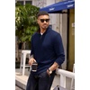 COOFANDY Mens Quarter Zip Pullover Contrast Collar Corduroy Sweatshirt | Contrast Collar Pullover, Mock Neck Sweatshirt, Soft Corduroy Pullover, Relaxed Fit For Casual Work, Travel And Daily Wear.(Navy Blue – Brown)