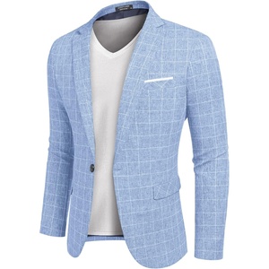 COOFANDY Men’s Blazer Casual Sport Coats Slim Fit Lightweight Sports Jacket | One Button Suit Jacket,Linen Blazer,Plaid Blazer, Shoulder Pads(Plaid Blazer – Sky Blue)