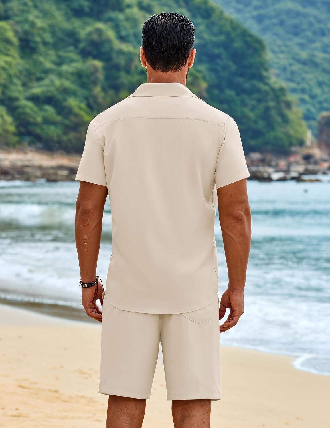 image:imageCOOFANDY Mens 2 Piece Outfits Cuban Guayabera Short Sleeve Shirts and Shorts Summer Beach Vacation SetBeige