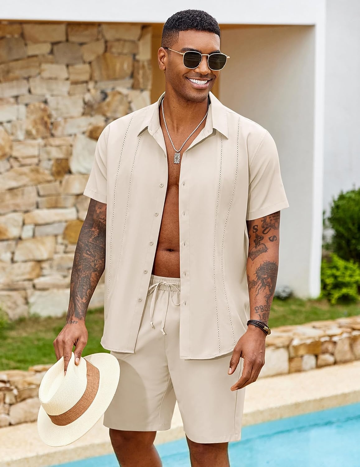 image:imageCOOFANDY Mens 2 Piece Outfits Cuban Guayabera Short Sleeve Shirts and Shorts Summer Beach Vacation SetBeige