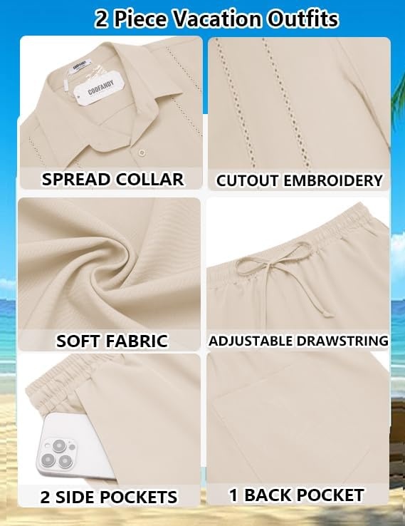 image:imageCOOFANDY Mens 2 Piece Outfits Cuban Guayabera Short Sleeve Shirts and Shorts Summer Beach Vacation SetBeige