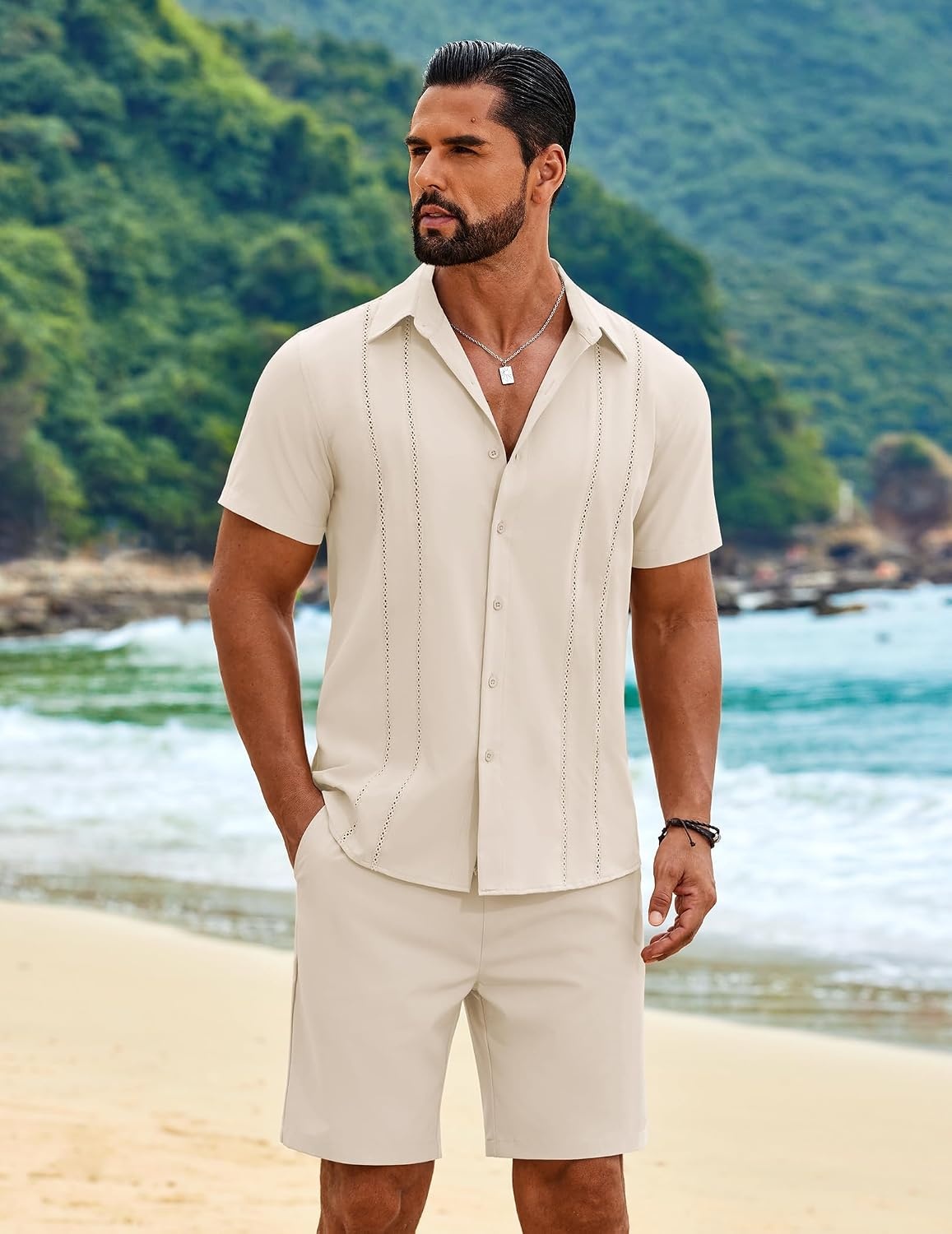 image:imageCOOFANDY Mens 2 Piece Outfits Cuban Guayabera Short Sleeve Shirts and Shorts Summer Beach Vacation SetBeige