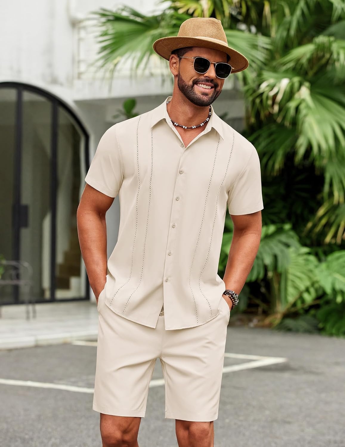 image:imageCOOFANDY Mens 2 Piece Outfits Cuban Guayabera Short Sleeve Shirts and Shorts Summer Beach Vacation SetBeige