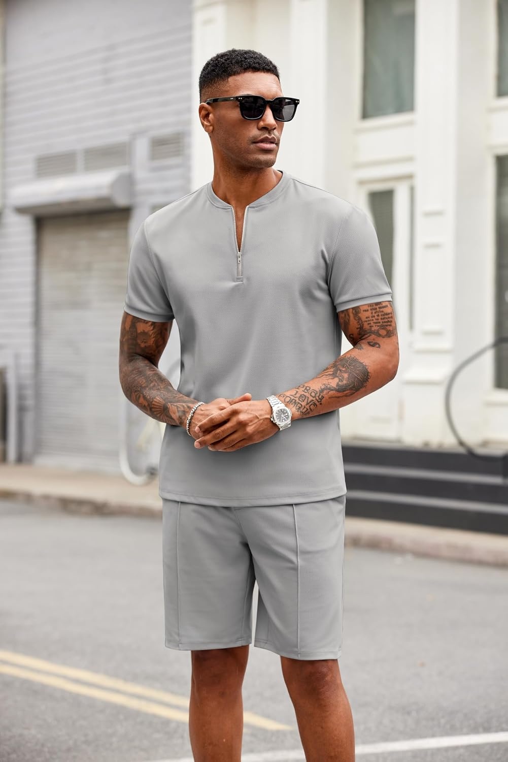 image:imageCOOFANDY Mens 2 Piece Set Short Sleeve Polo Shirt and Shorts Summer Suits Short Sleeve 14 Zip Polo Top Drawstring Shorts Pockets Sportwear Casual Fashion Vacation Beach Travel StreetwearLight Grey