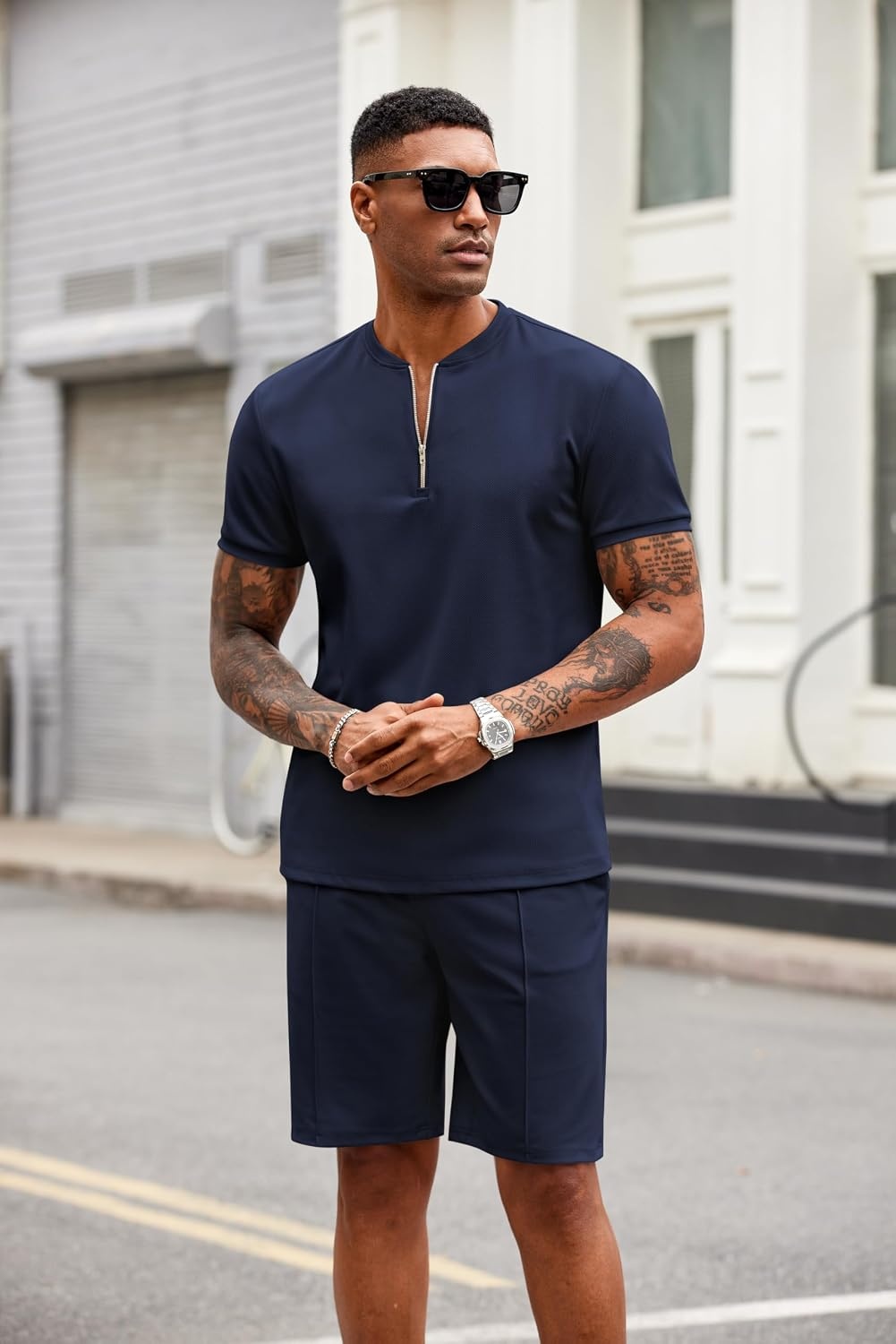 image:imageCOOFANDY Mens 2 Piece Set Short Sleeve Polo Shirt and Shorts Summer Suits Short Sleeve 14 Zip Polo Top Drawstring Shorts Pockets Sportwear Casual Fashion Vacation Beach Travel StreetwearNavy Blue
