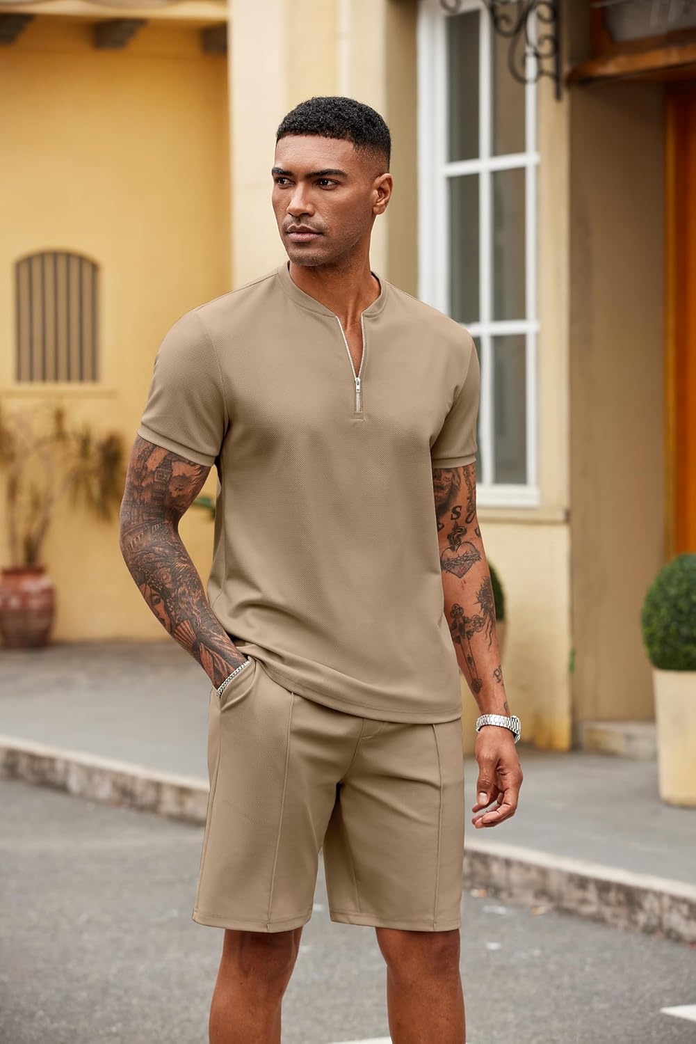 image:imageCOOFANDY Mens 2 Piece Set Short Sleeve Polo Shirt and Shorts Summer Suits Short Sleeve 14 Zip Polo Top Drawstring Shorts Pockets Sportwear Casual Fashion Vacation Beach Travel StreetwearKhaki