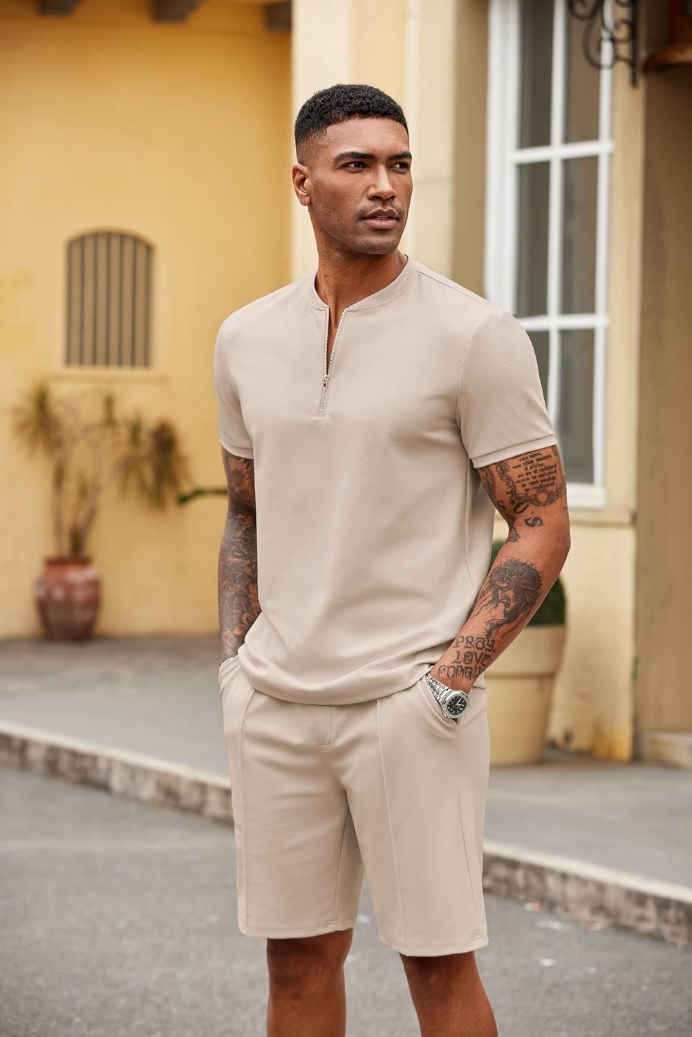 image:imageCOOFANDY Mens 2 Piece Set Short Sleeve Polo Shirt and Shorts Summer Suits Short Sleeve 14 Zip Polo Top Drawstring Shorts Pockets Sportwear Casual Fashion Vacation Beach Travel StreetwearChampagne