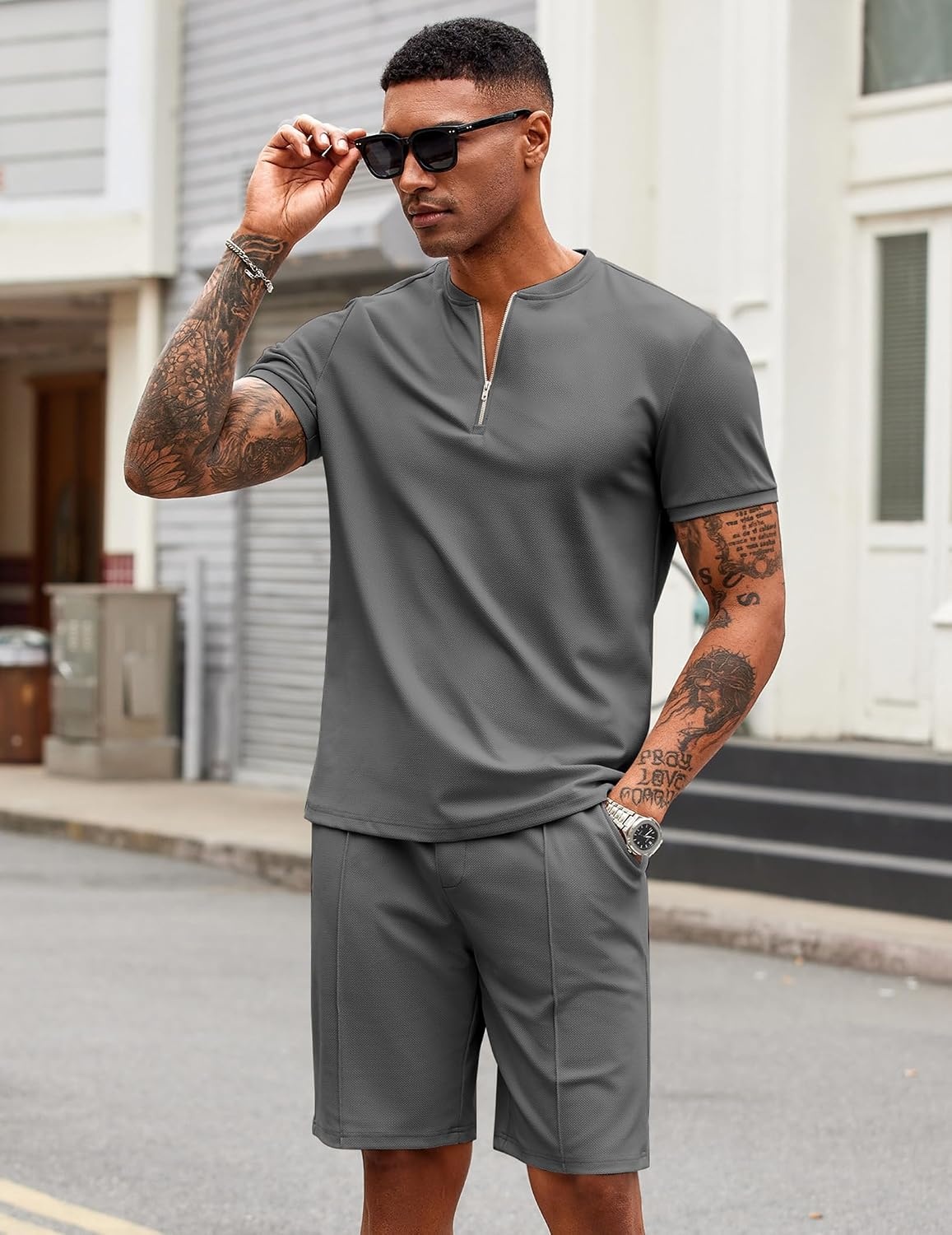 image:imageCOOFANDY Mens 2 Piece Set Short Sleeve Polo Shirt and Shorts Summer Suits Short Sleeve 14 Zip Polo Top Drawstring Shorts Pockets Sportwear Casual Fashion Vacation Beach Travel StreetwearDark Grey